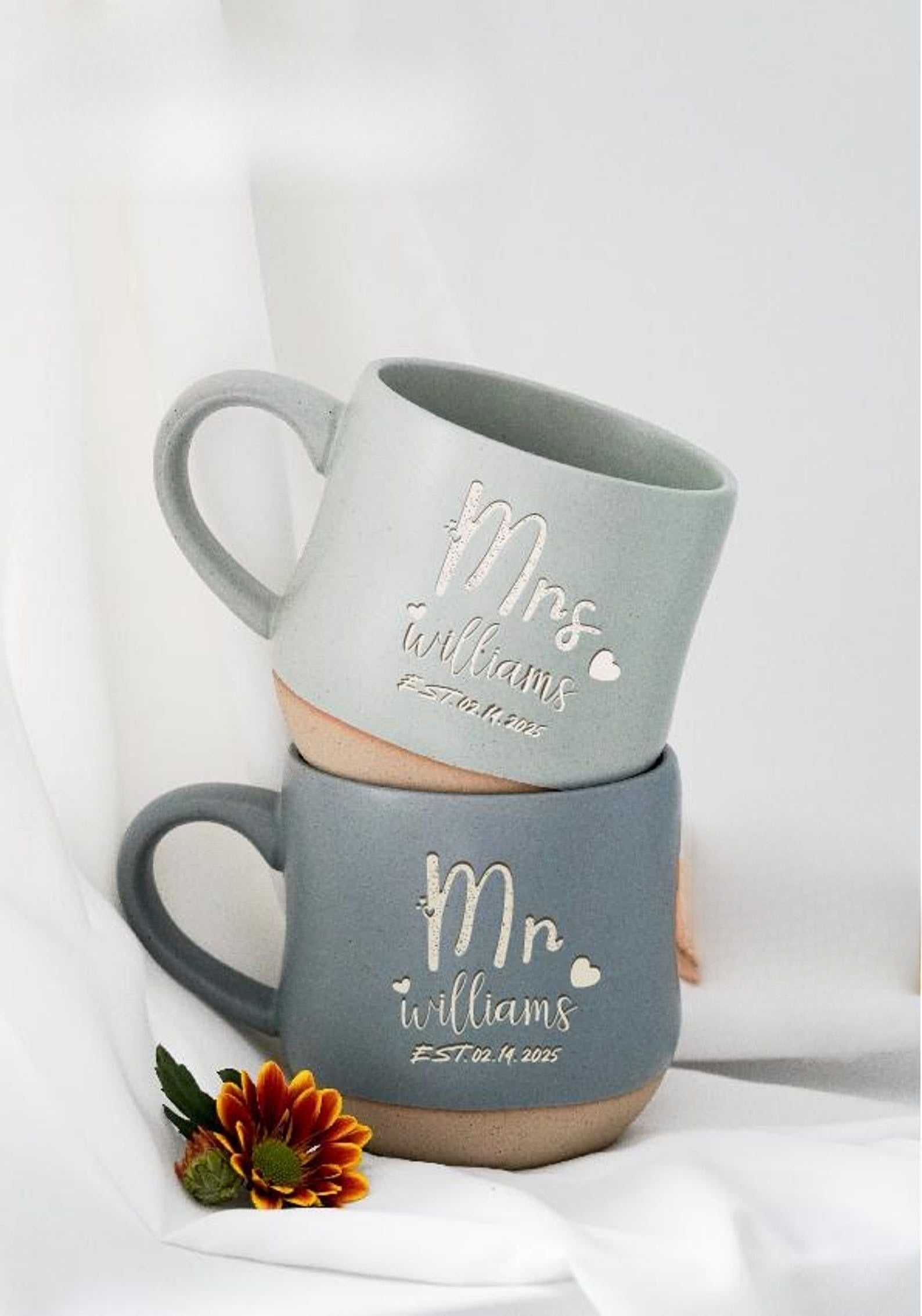 Personalised Mr & Mrs Wedding gift For Bride Groom, Custom Anniversary Gift for Men, Engraved Pottery Mug Engagement Gift for Couples Gift (Single Cup)