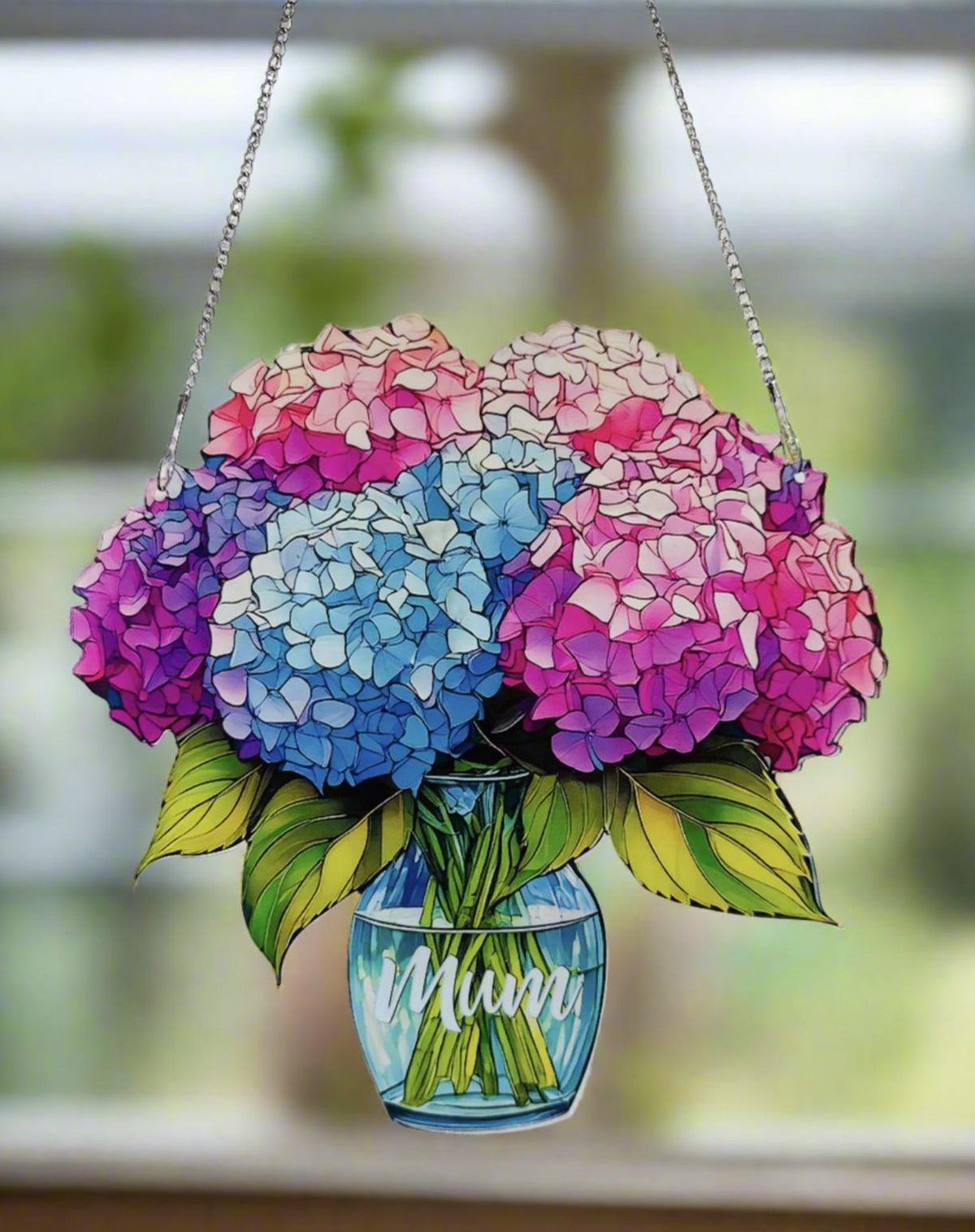 Everlasting Hydrangea in Vase, Personalized Mama, Nana, Grandma, Mimi Gift, Custom Stained Glass Art Suncatchers, Mothers Day Gift