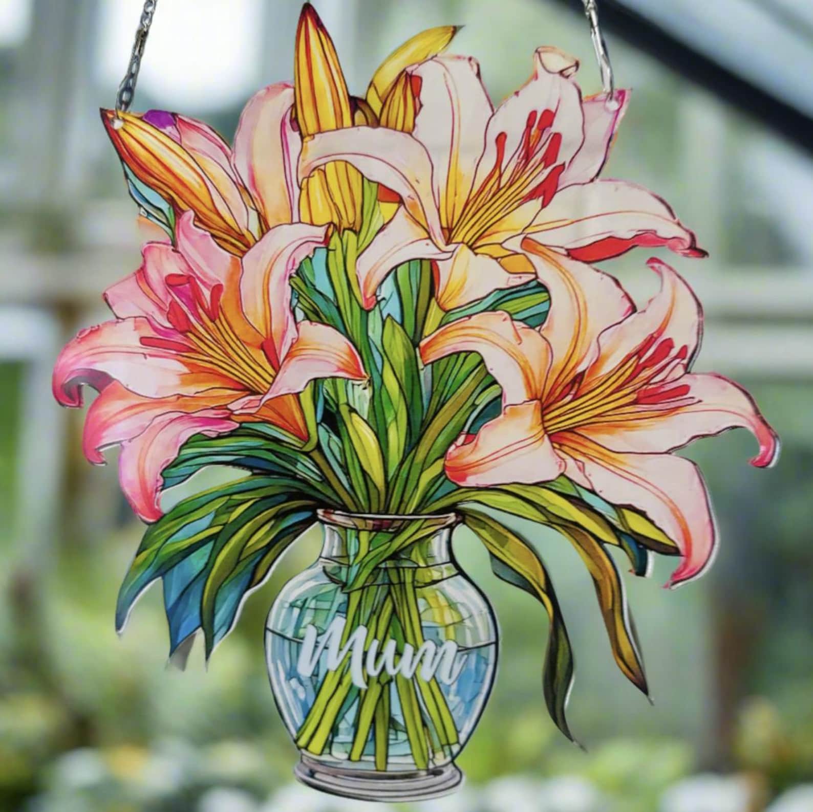 Everlasting Lilys in Vase, Personalized Mama, Nana, Grandma, Mimi Gift, Custom Stained Glass Art Suncatchers, Mothers Day Gift