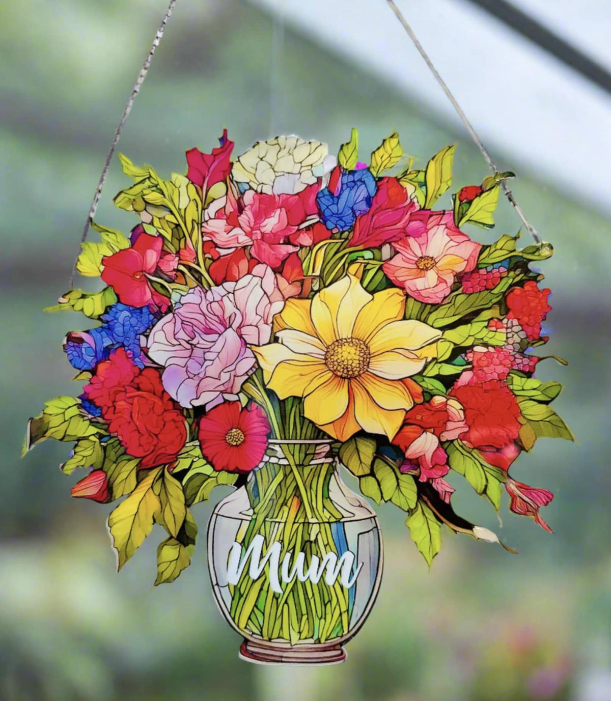 Everlasting Mixed Flowers in Vase, Personalized Mama, Nana, Grandma, Mimi Gift, Custom Stained Glass Art Suncatchers, Mothers Day Gift