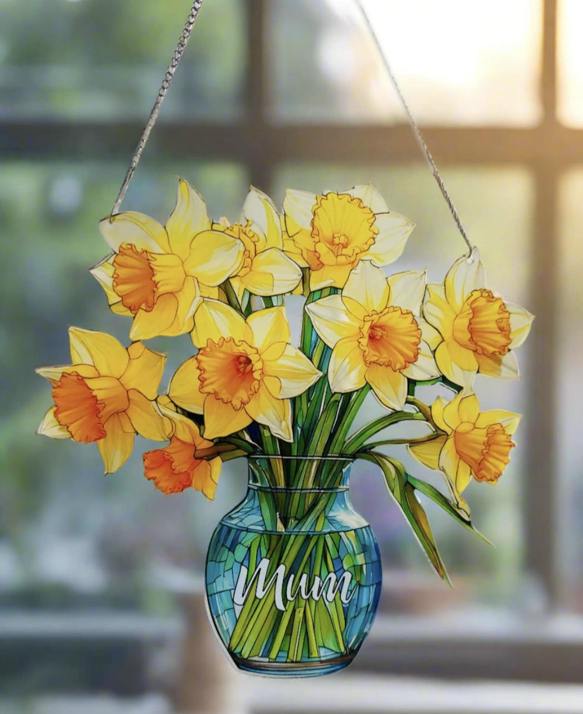 Everlasting Daffodils in Vase, Personalized Mama, Nana, Grandma, Mimi Gift, Custom Stained Glass Art Suncatchers, Mothers Day Gift