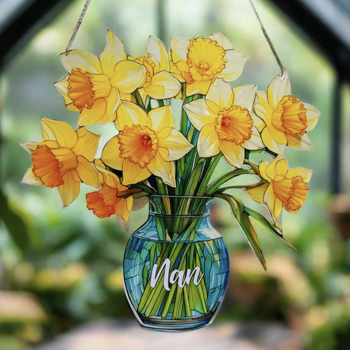 Everlasting Daffodils in Vase Nan/Gran, Personalized Mama, Nana, Grandma, Mimi Gift, Custom Stained Glass Art Suncatchers, Mothers Day Gift
