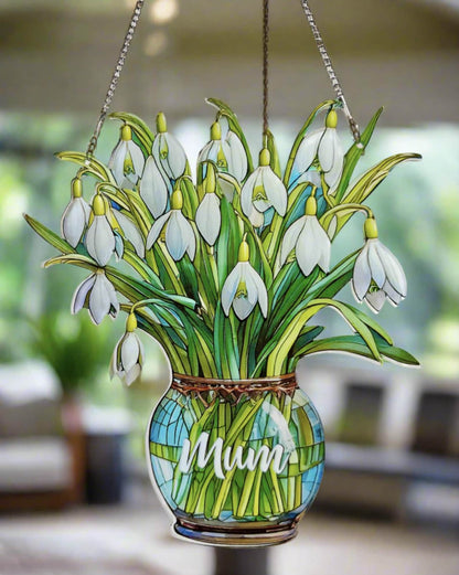 Everlasting Snowdrops in Vase, Personalized Mama, Nana, Grandma, Mimi Gift, Custom Acrylic Art Suncatchers, Mothers Day Gift