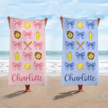 Personalized Girly Softball Beach Towel, Softball Gifts For Girls, Softball Pool Towel, Softball Mom Towel, Softball Player Gift