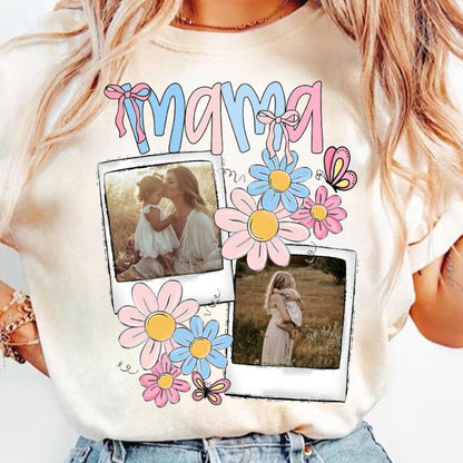 Custom Mama Kids Photo, Mothers Day, Add Photos, Mom Floral Coquette Bow, Flowers, Hand drawn, Gift For Mom