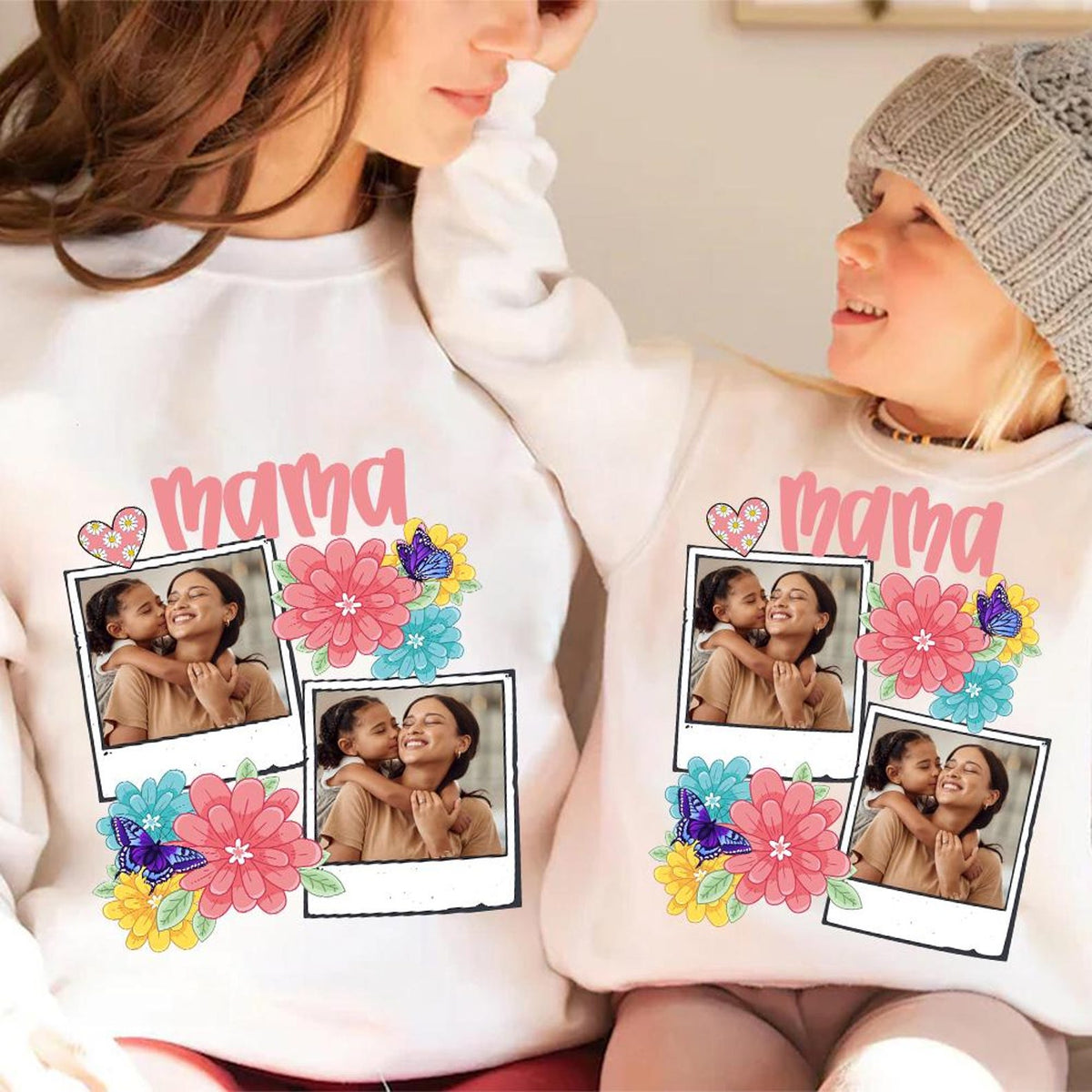 Custom Mama Kids Photo, Mothers Day Mom Floral Flowers Shirt, Hand drawn, Gift For Mom