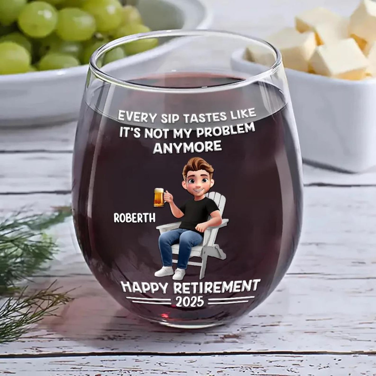 Every Sip Tastes Like It's Not My Problem Anymore Cartoon Personalized Custom Stemless Wine Glass, Retirement Party Gift, Custom Gifts 2025