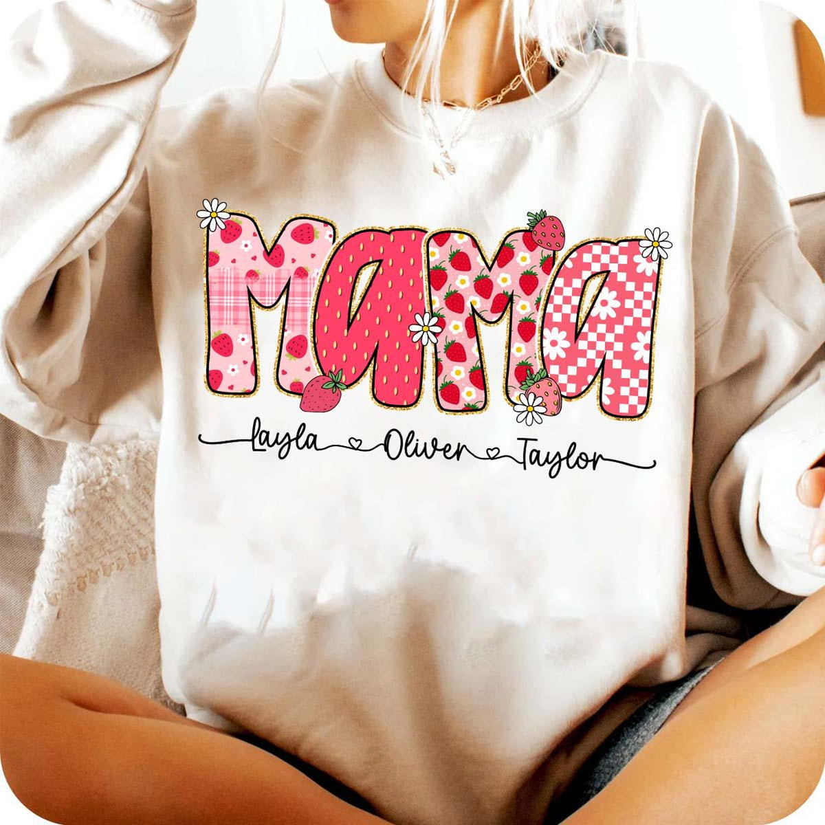 Preppy Mama Strawberry Glitter, Cute Strawberry Floral Mama with kids names, Custom Preppy Mama