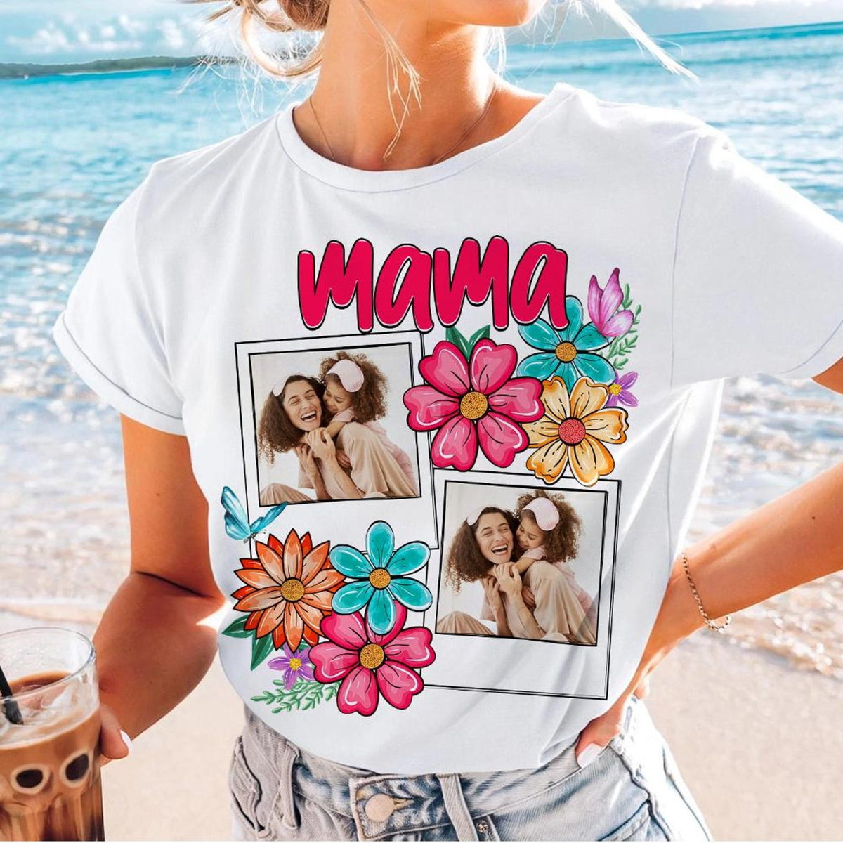 Custom Mama Kids Photo, Mothers Day Mom Floral Flowers Shirt, Hand drawn, Gift For Mom