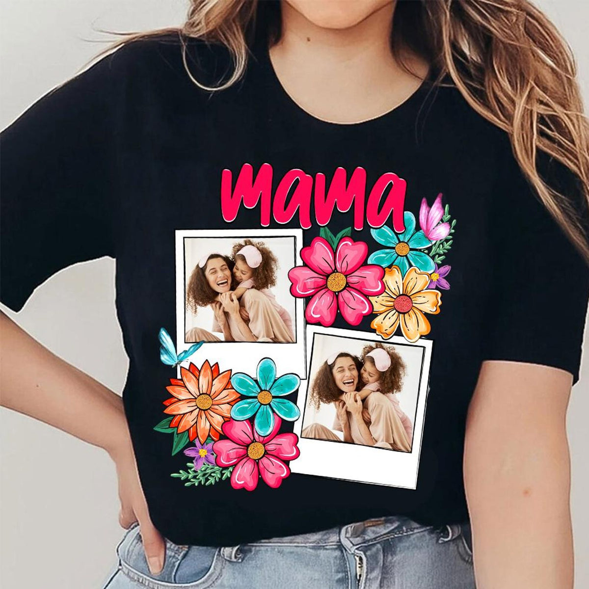 Custom Mama Kids Photo, Mothers Day Mom Floral Flowers Shirt, Hand drawn, Gift For Mom