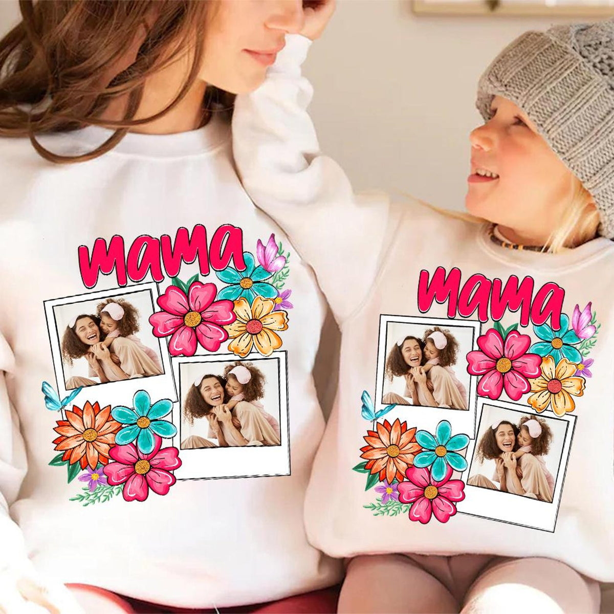 Custom Mama Kids Photo, Mothers Day Mom Floral Flowers Shirt, Hand drawn, Gift For Mom