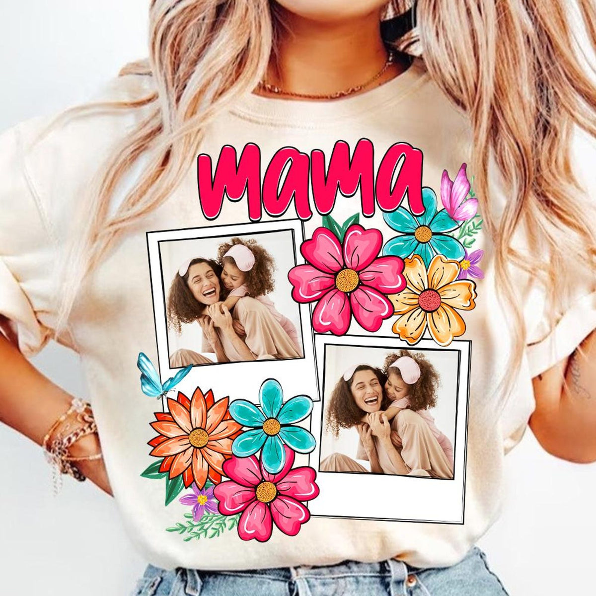 Custom Mama Kids Photo, Mothers Day Mom Floral Flowers Shirt, Hand drawn, Gift For Mom