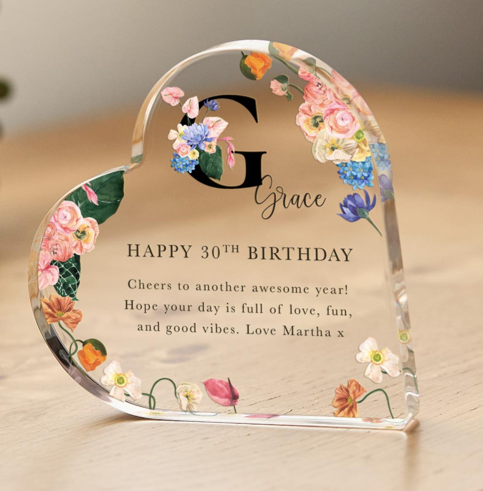 Personalised Birthday Gift for Her Floral Acrylic Heart Keepsake Name Initial Custom Message Milestone Birthdays 21st 30th 40th 50th 60th 70