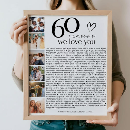 60 Reasons We Love You Poster With Pictures Canvas, Printable 60th Birthday Gift for Him or Her, Personalized 60th Birthday Decor