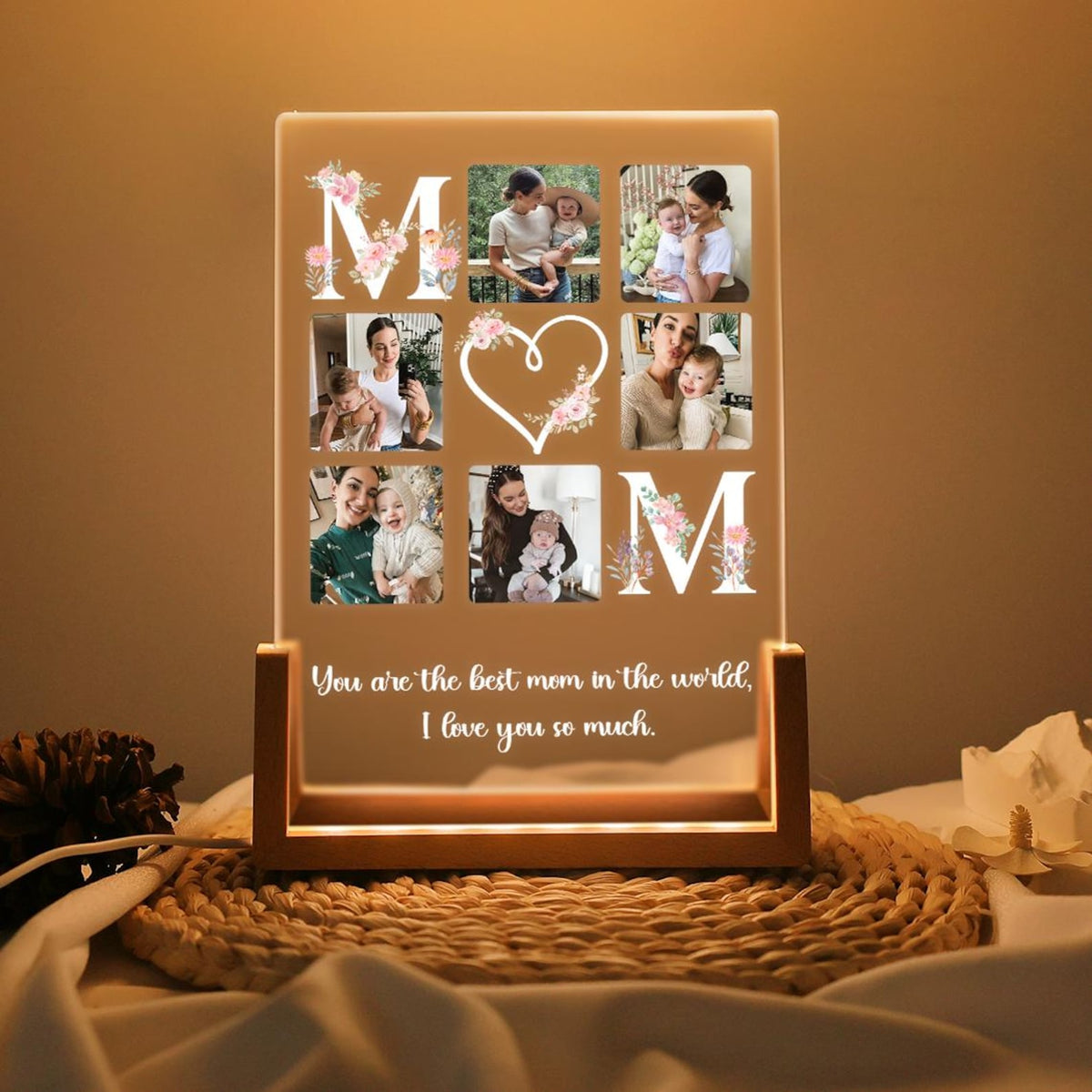 Peronalized Photo Night Light, Photo Collage LED Light, Mother Gifts, Birthday Gift for Mom, Picture Plaque Gift from Daughter, Home Decor