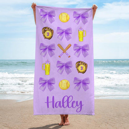 Personalized Girly Softball Beach Towel, Softball Gifts For Girls, Softball Pool Towel, Softball Mom Towel, Softball Player Gift