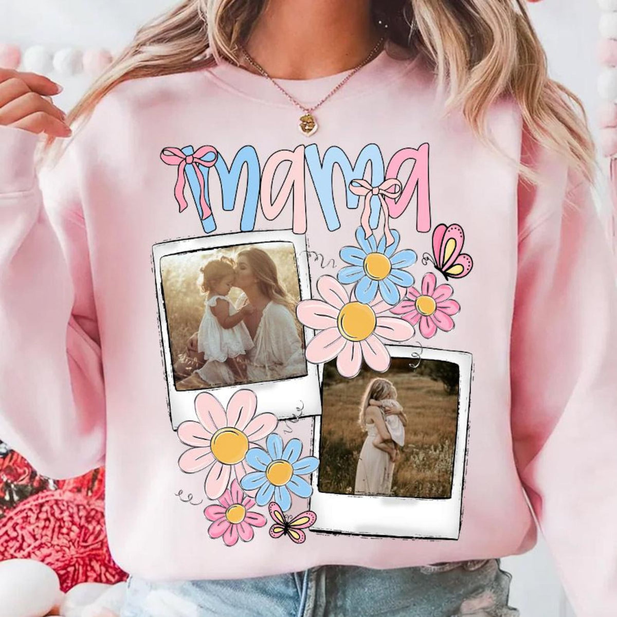 Custom Mama Kids Photo, Mothers Day, Add Photos, Mom Floral Coquette Bow, Flowers, Hand drawn, Gift For Mom