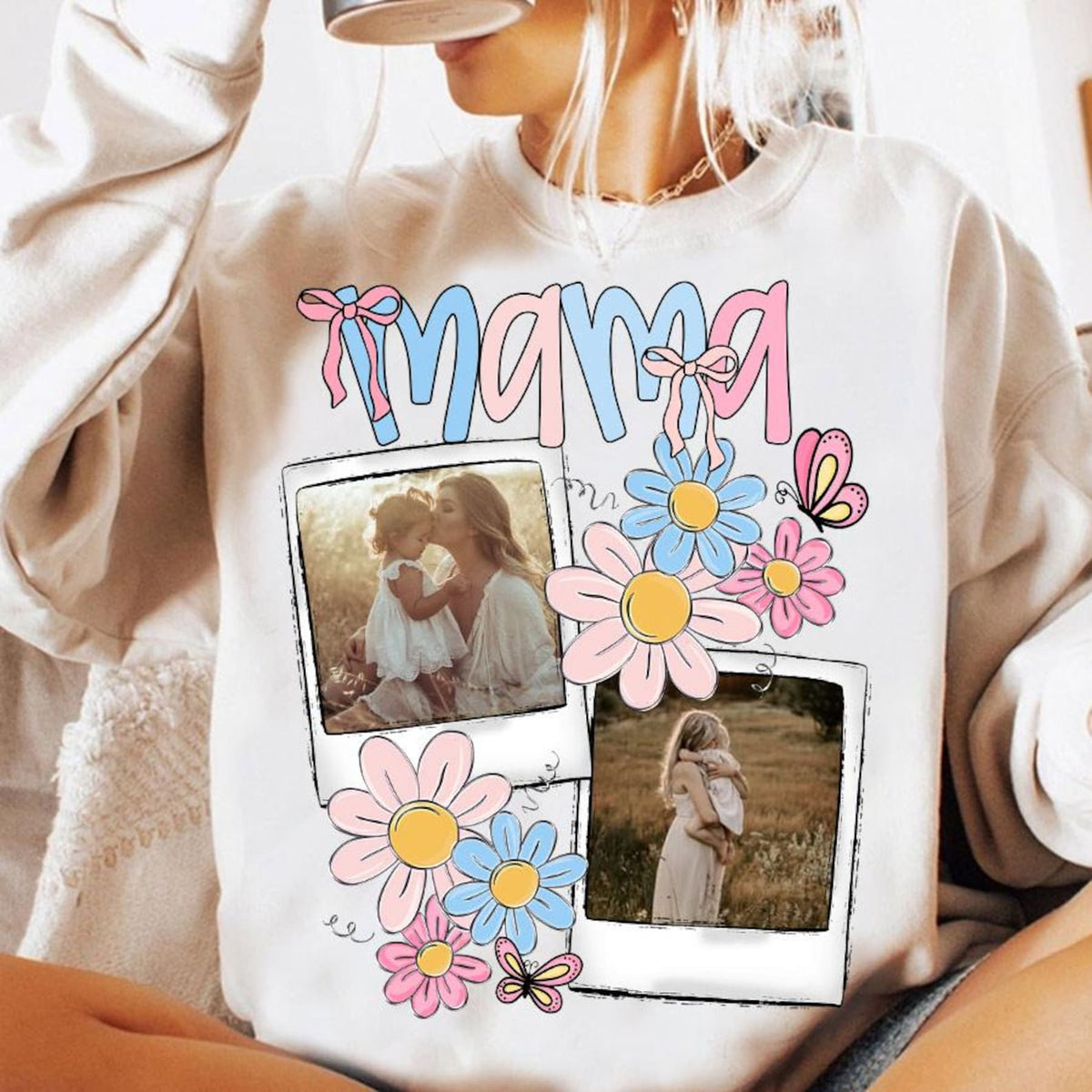 Custom Mama Kids Photo, Mothers Day, Add Photos, Mom Floral Coquette Bow, Flowers, Hand drawn, Gift For Mom