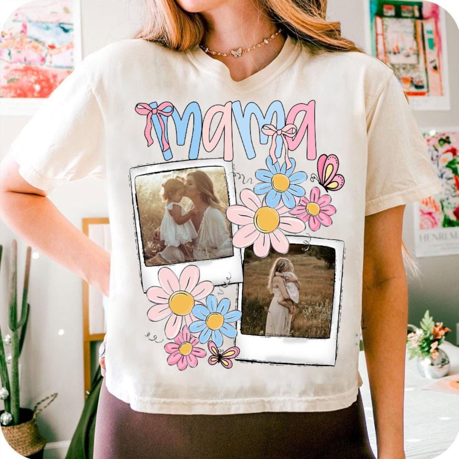 Custom Mama Kids Photo, Mothers Day, Add Photos, Mom Floral Coquette Bow, Flowers, Hand drawn, Gift For Mom