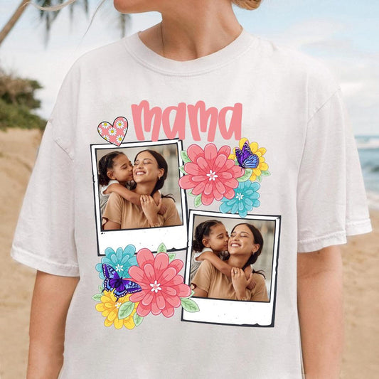 Custom Mama Kids Photo, Mothers Day Mom Floral Flowers Shirt, Hand drawn, Gift For Mom