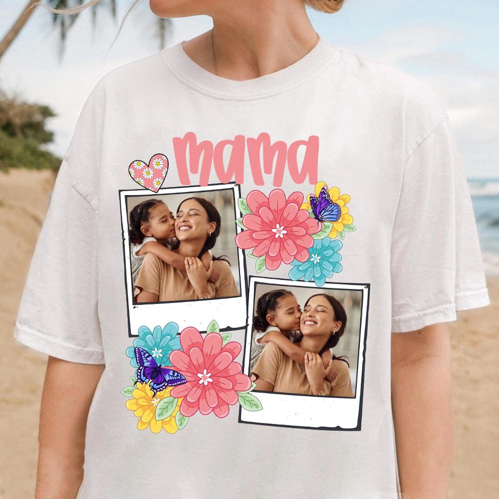 Custom Mama Kids Photo, Mothers Day Mom Floral Flowers Shirt, Hand drawn, Gift For Mom