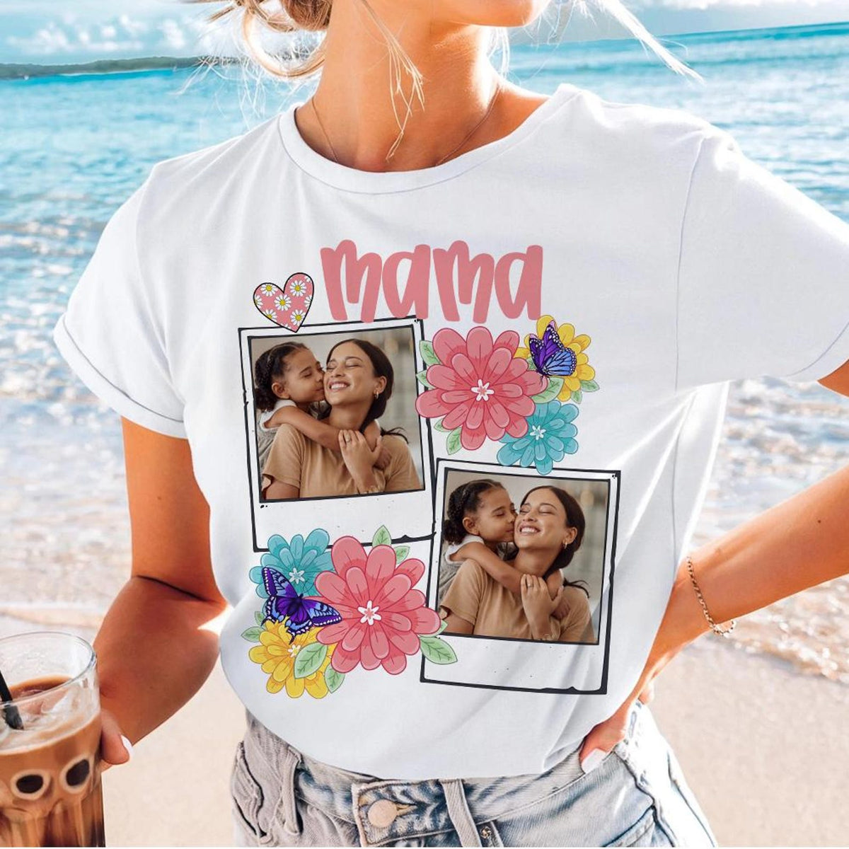 Custom Mama Kids Photo, Mothers Day Mom Floral Flowers Shirt, Hand drawn, Gift For Mom
