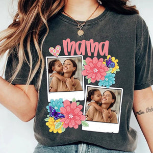Custom Mama Kids Photo, Mothers Day Mom Floral Flowers Shirt, Hand drawn, Gift For Mom