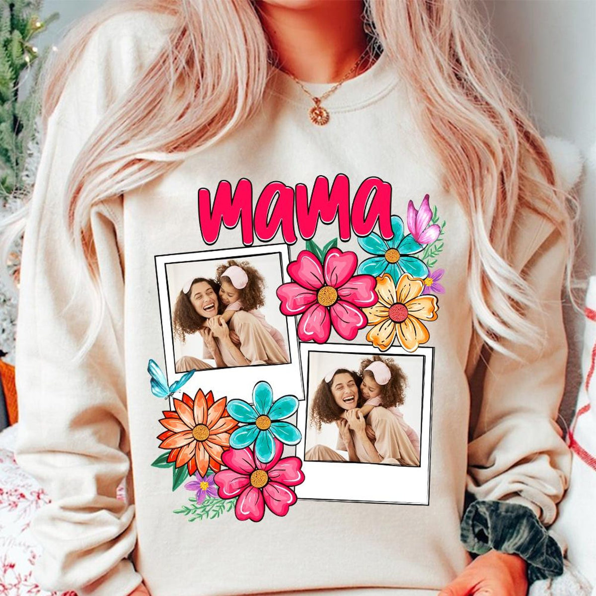 Custom Mama Kids Photo, Mothers Day Mom Floral Flowers Shirt, Hand drawn, Gift For Mom