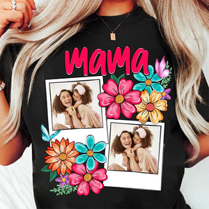 Custom Mama Kids Photo, Mothers Day Mom Floral Flowers Shirt, Hand drawn, Gift For Mom