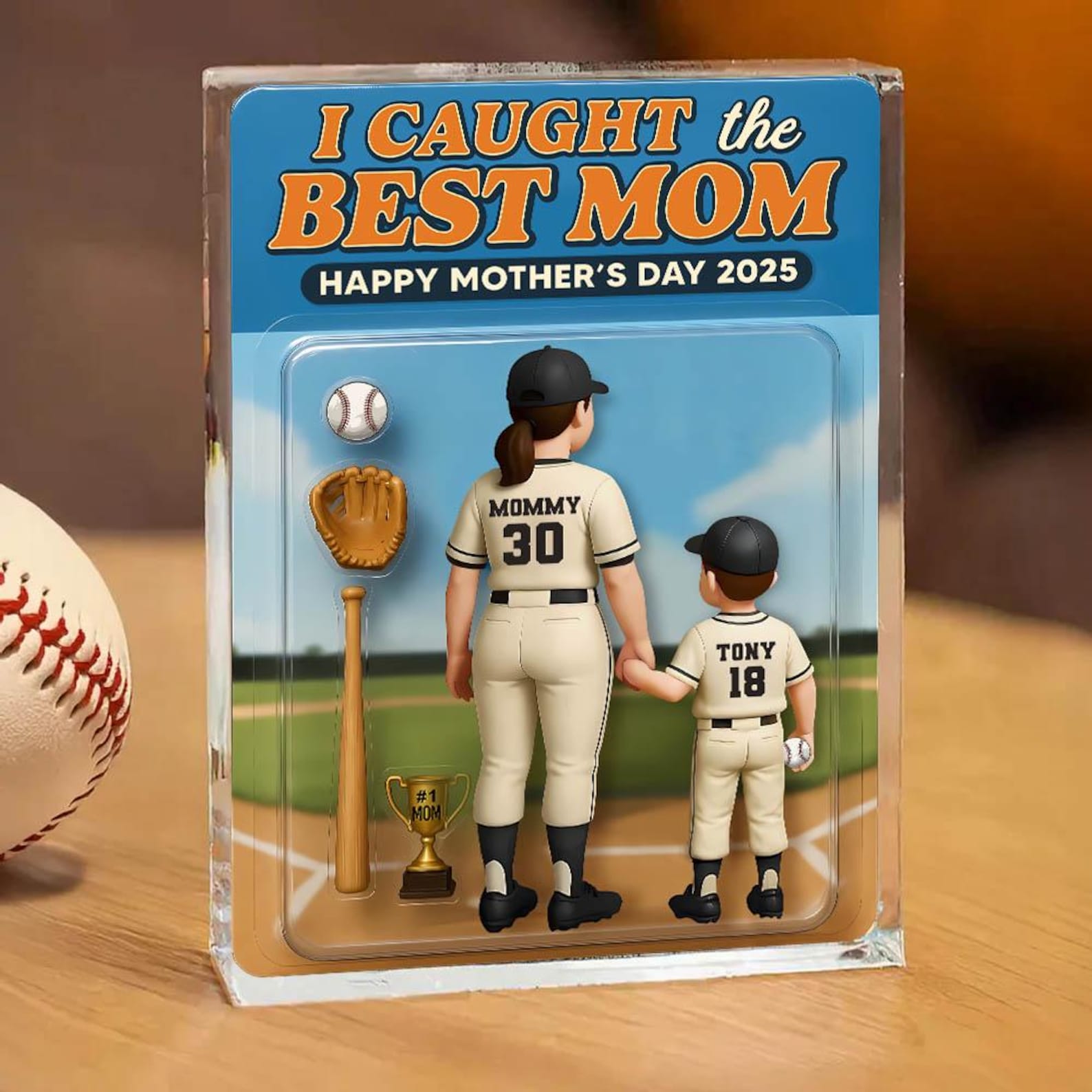 We Caught the Best Mom Baseball Custom Figure 3D Effect Personalized Acrylic Block Plaque, Personalized Mother's Day Gift for Mom, Gifts for Mom, Wife