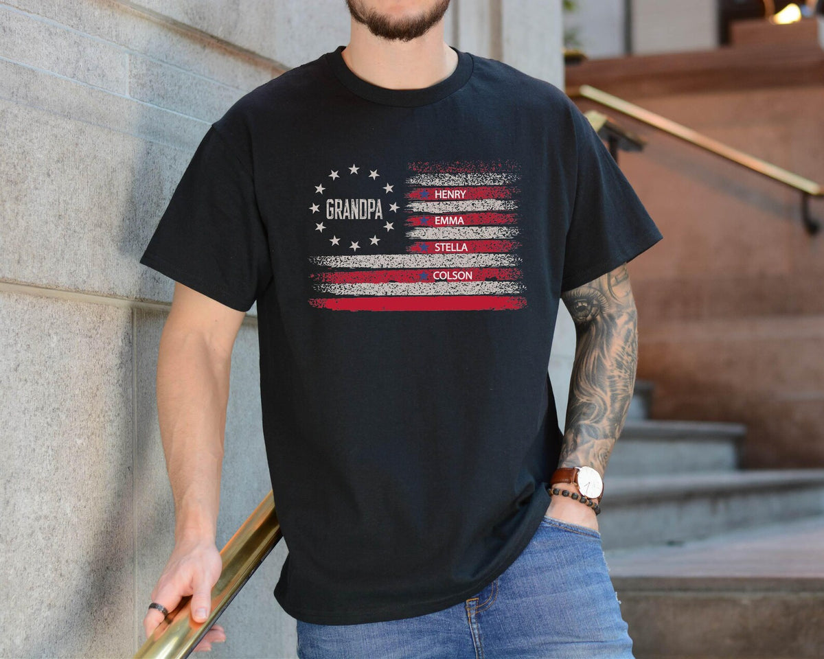 Personalized Grandpa T-Shirt American Flag, Grandkids Names Father's Day Gift , 4th of July Gift For Him