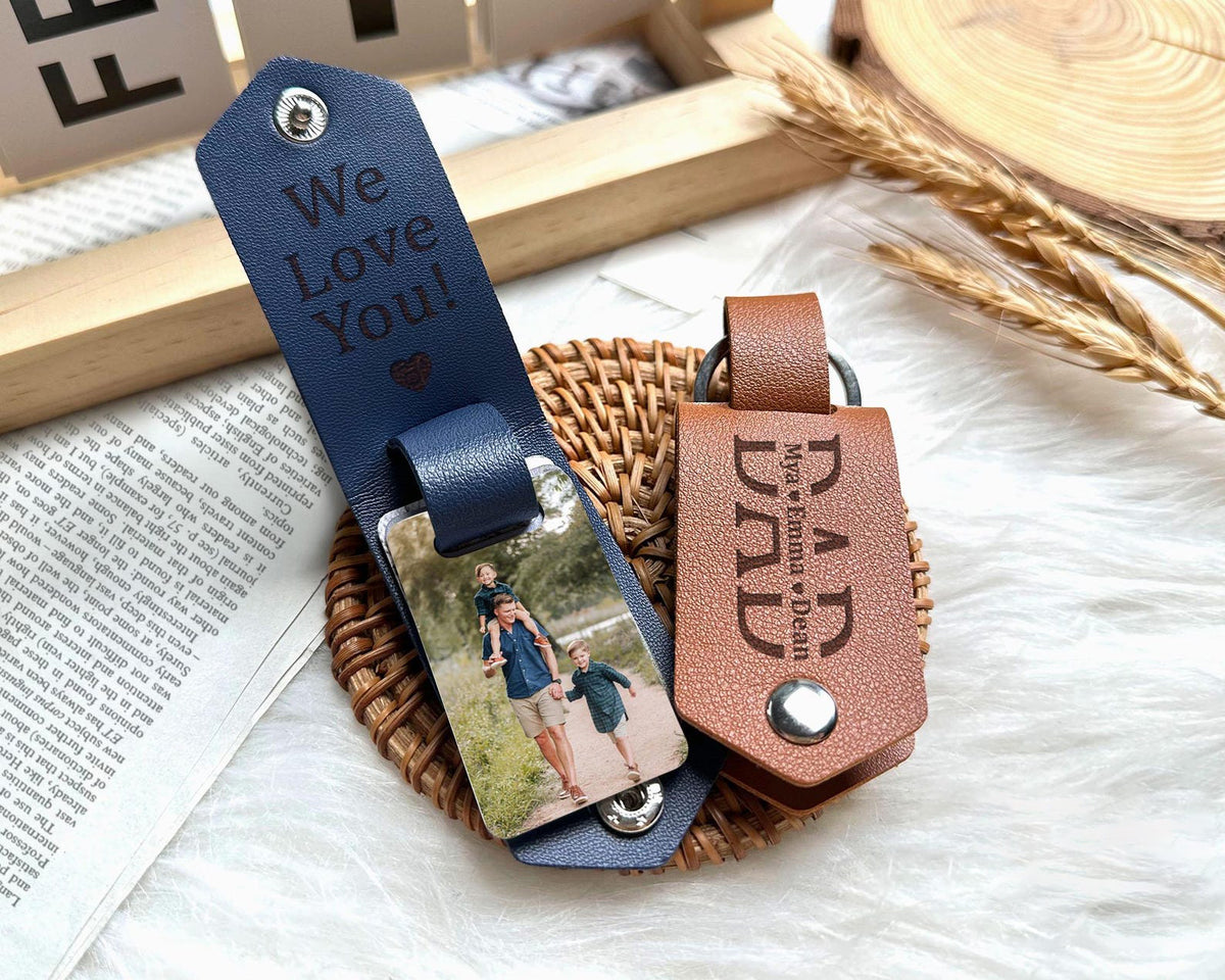 Personalized Photo Keychain For Dad, Custom Leather Keychain Gift For Daddy, Father's Day Gifts, New Dad Gift, Engraved Dad Keychain