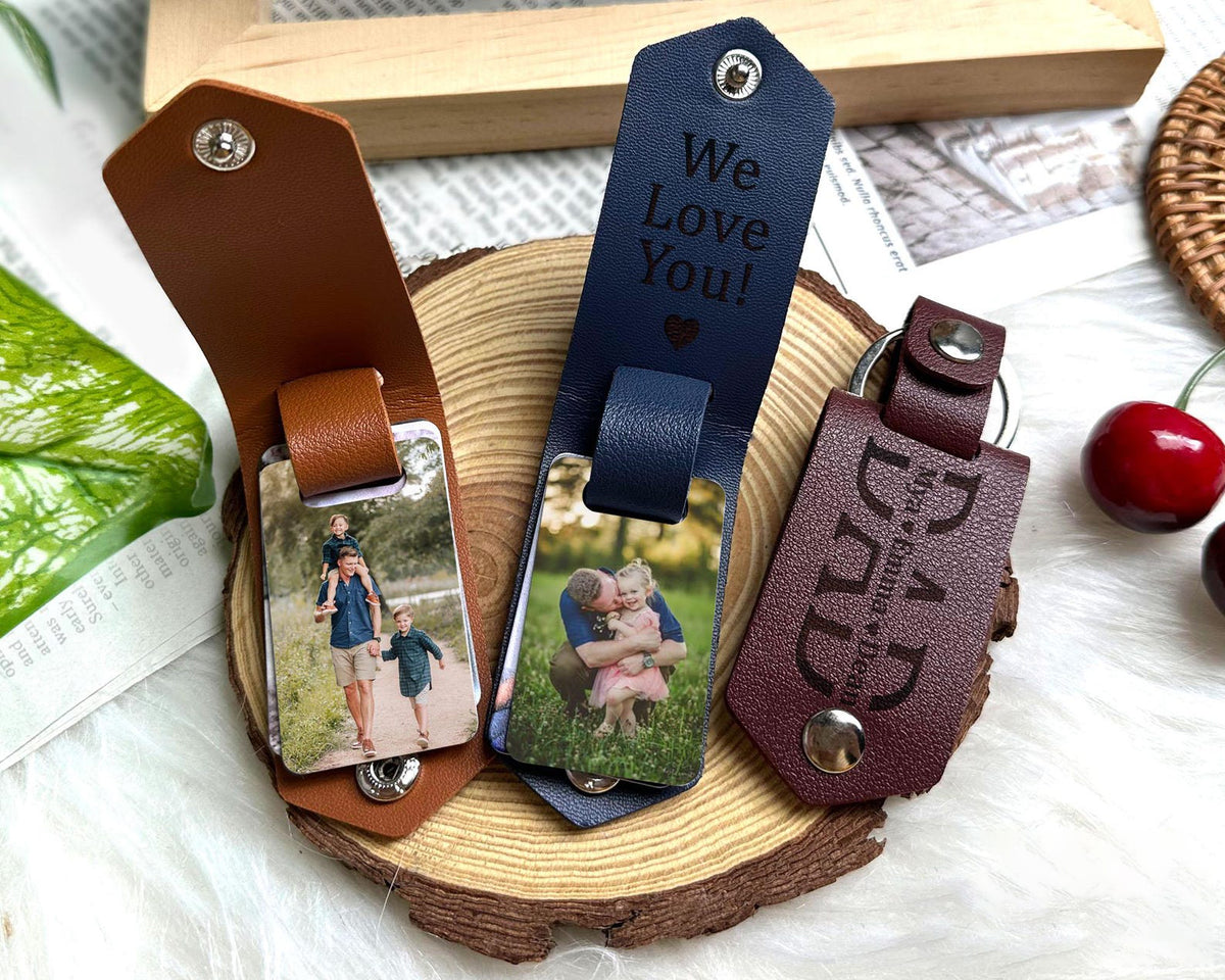 Personalized Photo Keychain For Dad, Custom Leather Keychain Gift For Daddy, Father's Day Gifts, New Dad Gift, Engraved Dad Keychain