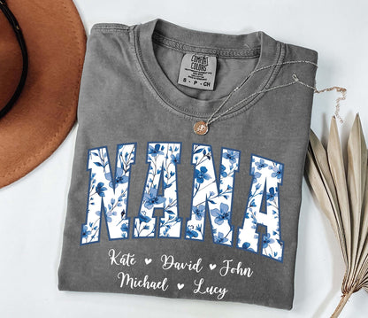 Personalized Gigi Shirt Dusty Blue Floral Grandma Mama Shirt Custom Names Mimi Nana Gigi Long Sleeve Tshirt Mothers Day Tee