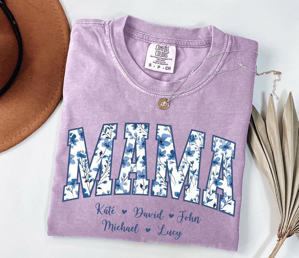 Personalized Gigi Shirt Dusty Blue Floral Grandma Mama Shirt Custom Names Mimi Nana Gigi Long Sleeve Tshirt Mothers Day Tee