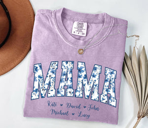 Personalized Gigi Shirt Dusty Blue Floral Grandma Mama Shirt Custom Names Mimi Nana Gigi Long Sleeve Tshirt Mothers Day Tee