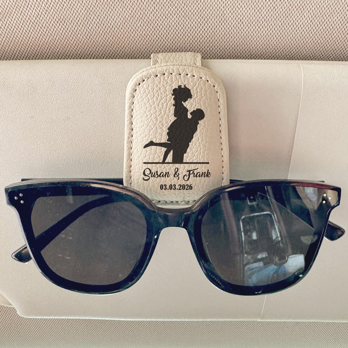 Custom Couple Car Visor Sunglasses Holder, Personalized PU Leather Magnetic Glasses Clip,Car Decoration Gifts Custom Gift For Husband, Boyfriend