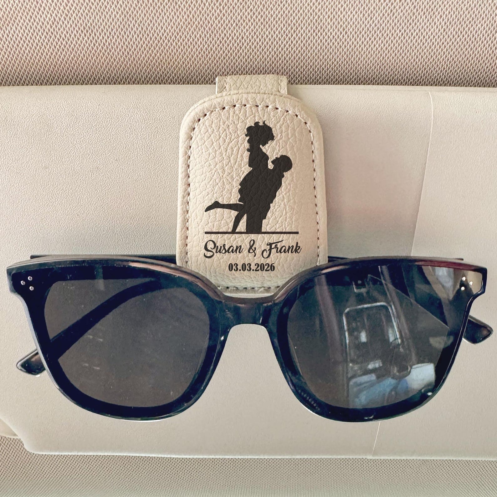 Custom Couple Car Visor Sunglasses Holder, Personalized PU Leather Magnetic Glasses Clip,Car Decoration Gifts Custom Gift For Husband, Boyfriend