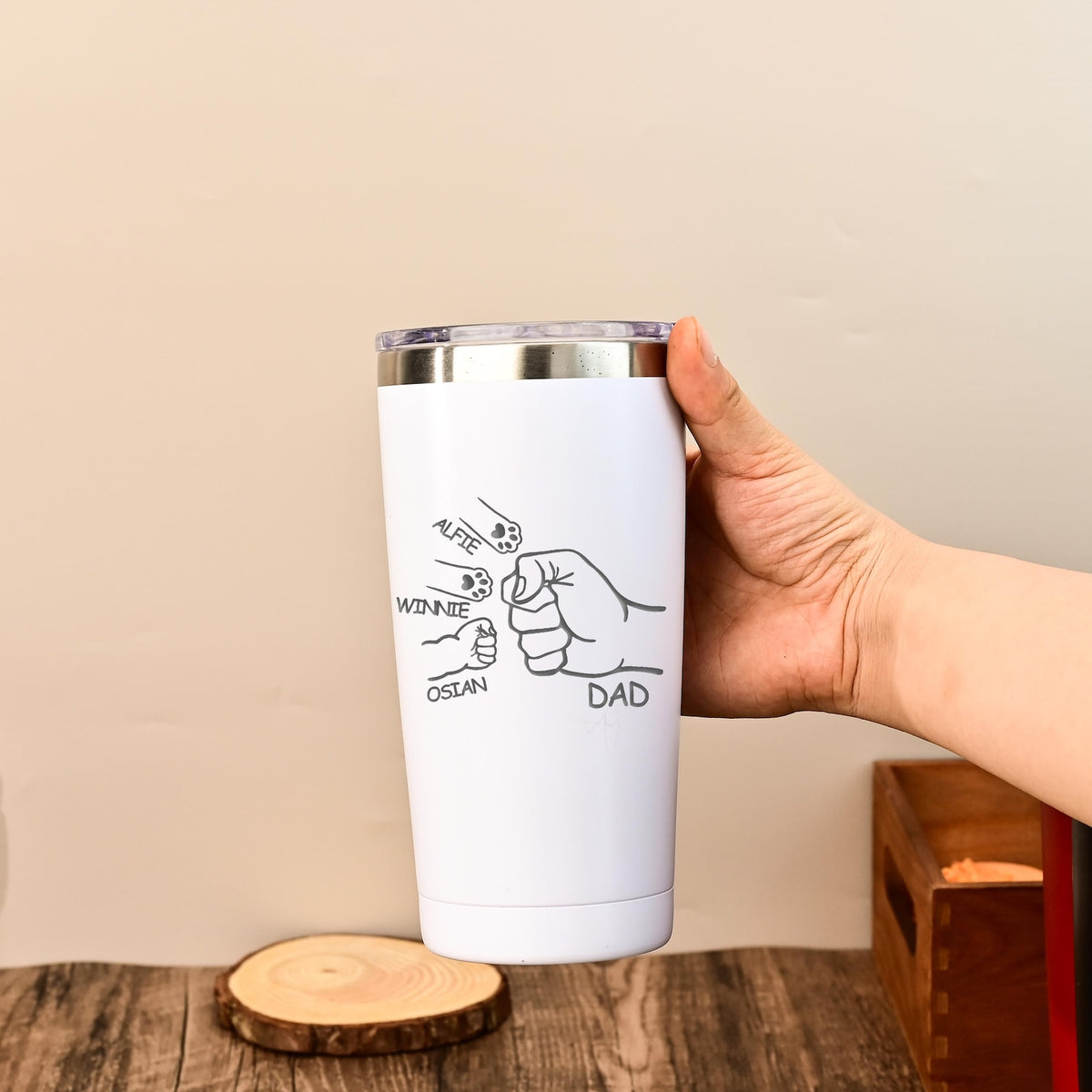 Dad Fist Bump Kids Names Tumbler, Fathers Day Gift for Daddy, Laser Engraved 20oz Stainless Steel Cup, Personalised Tumbler for Dad