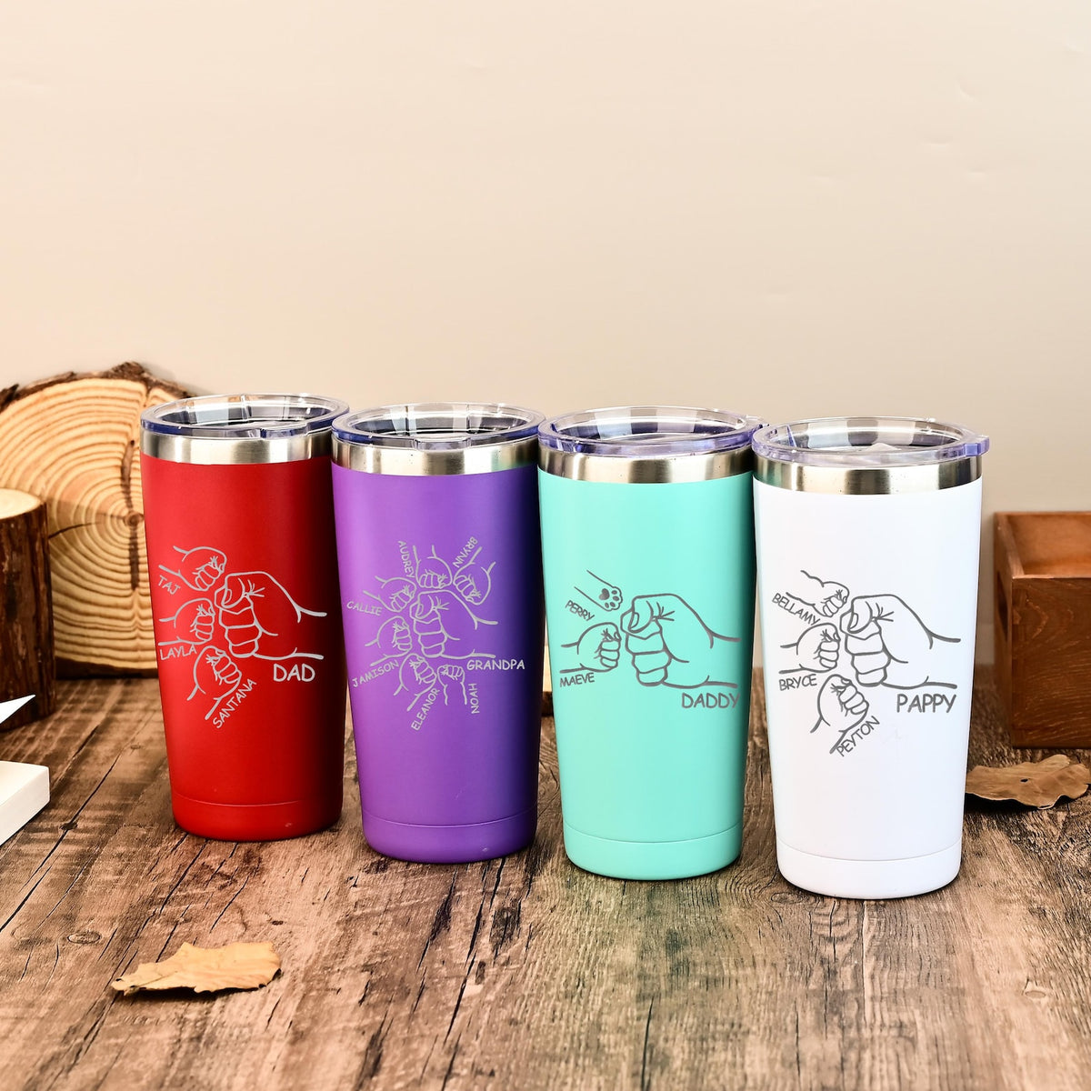 Dad Fist Bump Kids Names Tumbler, Fathers Day Gift for Daddy, Laser Engraved 20oz Stainless Steel Cup, Personalised Tumbler for Dad