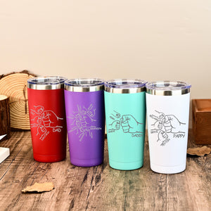 Dad Fist Bump Kids Names Tumbler, Fathers Day Gift for Daddy, Laser Engraved 20oz Stainless Steel Cup, Personalised Tumbler for Dad