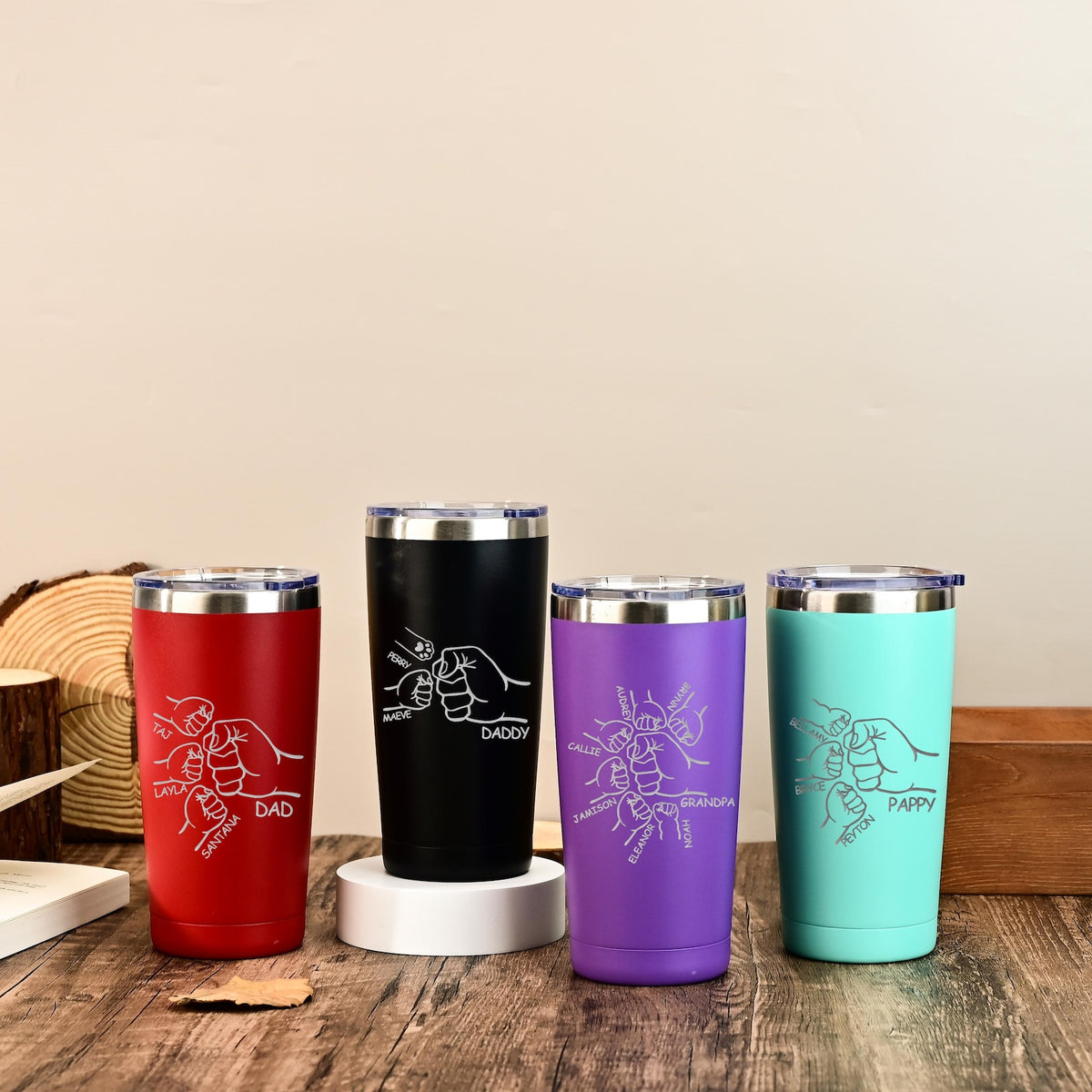 Dad Fist Bump Kids Names Tumbler, Fathers Day Gift for Daddy, Laser Engraved 20oz Stainless Steel Cup, Personalised Tumbler for Dad