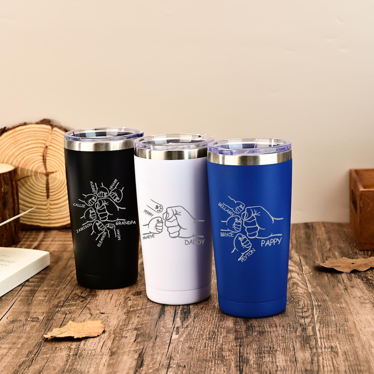Dad Fist Bump Kids Names Tumbler, Fathers Day Gift for Daddy, Laser Engraved 20oz Stainless Steel Cup, Personalised Tumbler for Dad