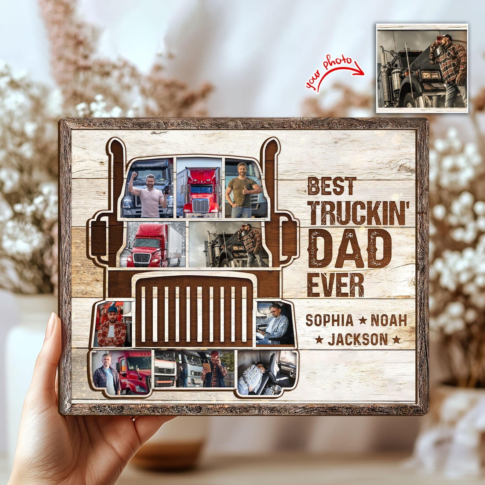 Personalized Trucking Dad Wooden Plaque, Custom Photo On Wood Sign, Truck Driver Sign, Best Truckin' Dad, Gift for Dad, Grandpa, Trucker