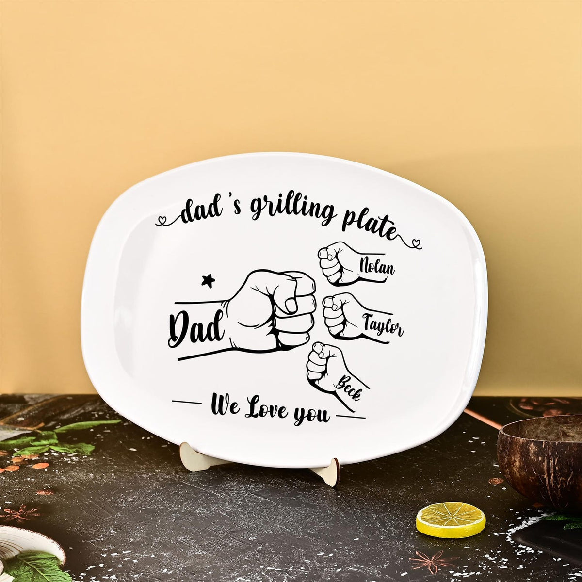 Personalized Grilling Platter,Fist Bump Dad and Kids Name Grilling Plate,Custom BBQ Grilling Plate Gift for Him,Birthday Gifts from Daughter