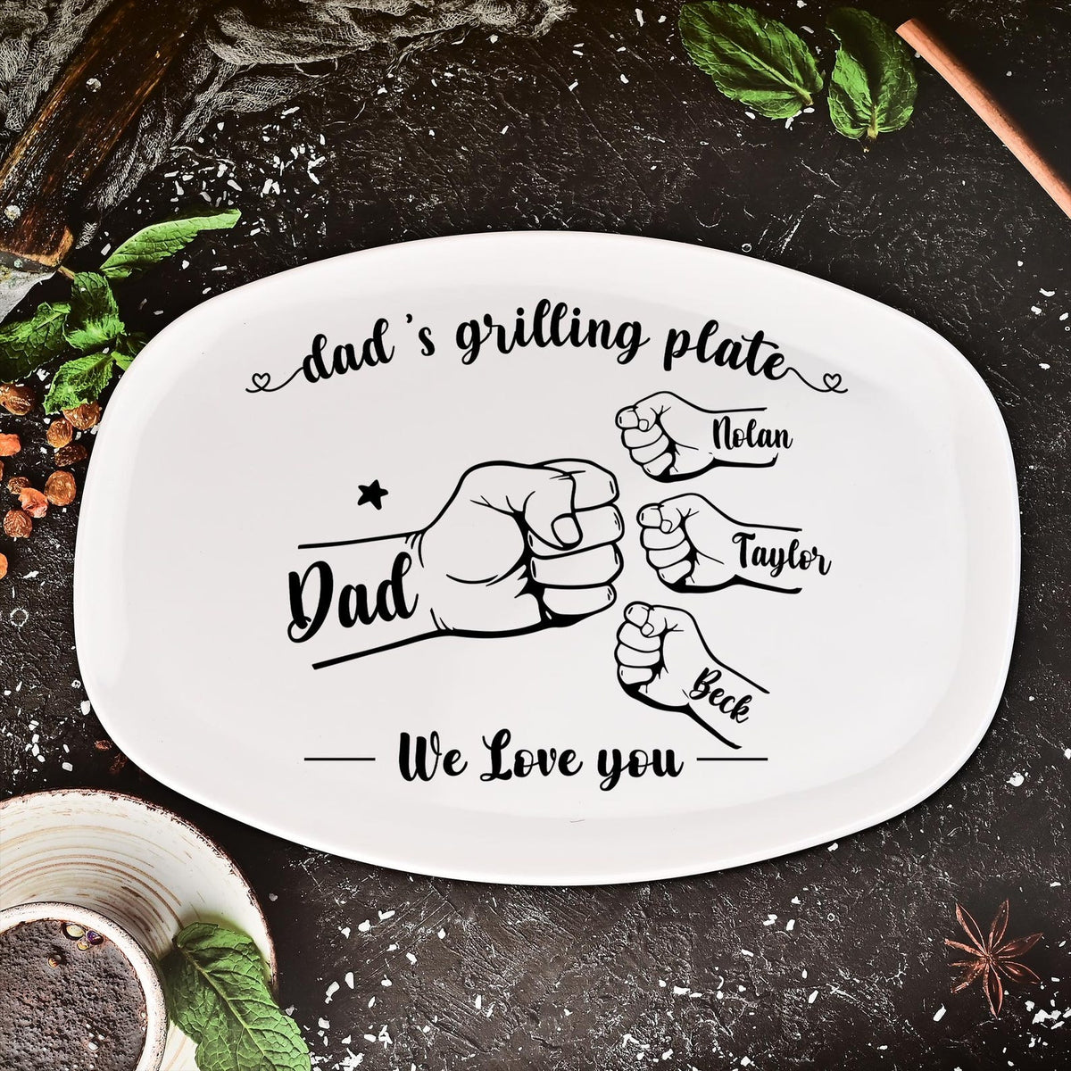 Personalized Grilling Platter,Fist Bump Dad and Kids Name Grilling Plate,Custom BBQ Grilling Plate Gift for Him,Birthday Gifts from Daughter