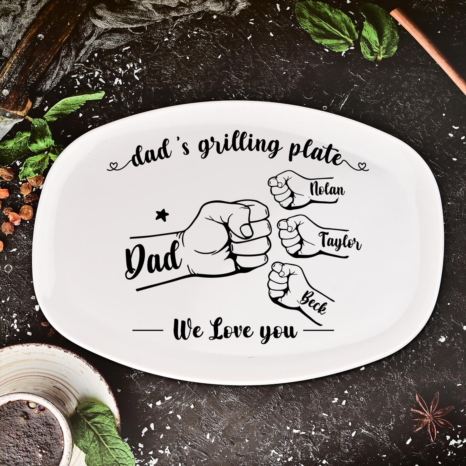 Personalized Grilling Platter,Fist Bump Dad and Kids Name Grilling Plate,Custom BBQ Grilling Plate Gift for Him,Birthday Gifts from Daughter