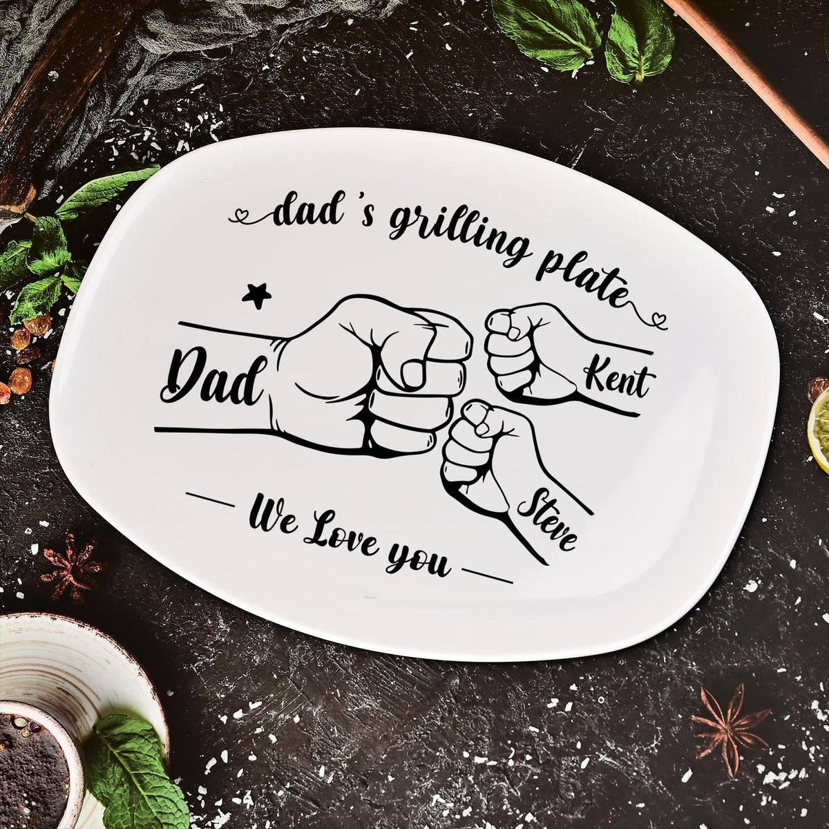 Personalized Grilling Platter,Fist Bump Dad and Kids Name Grilling Plate,Custom BBQ Grilling Plate Gift for Him,Birthday Gifts from Daughter