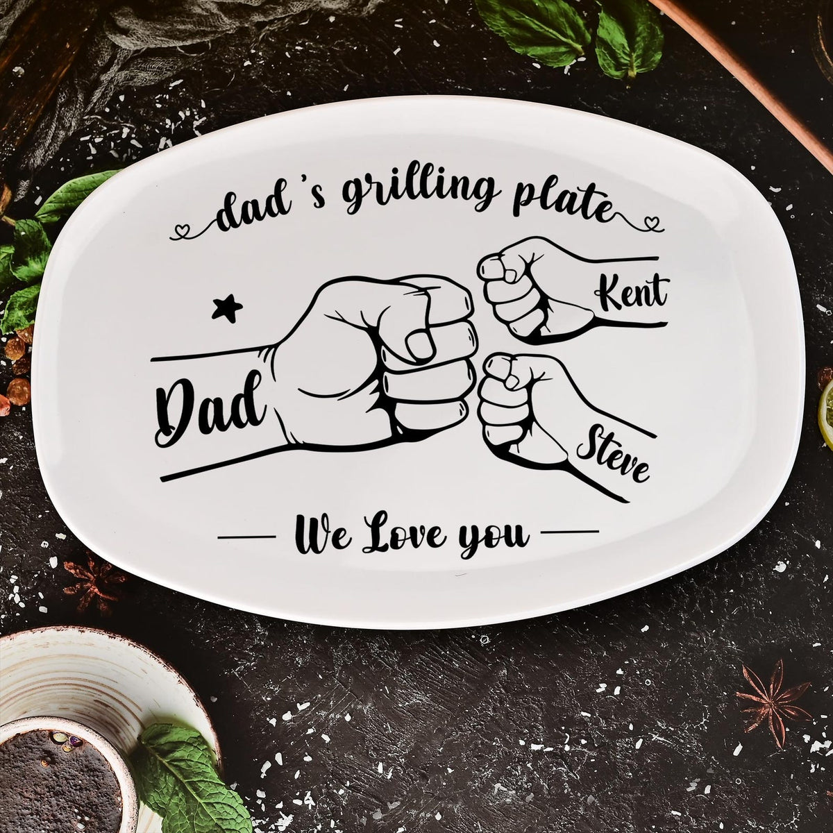 Personalized Grilling Platter,Fist Bump Dad and Kids Name Grilling Plate,Custom BBQ Grilling Plate Gift for Him,Birthday Gifts from Daughter
