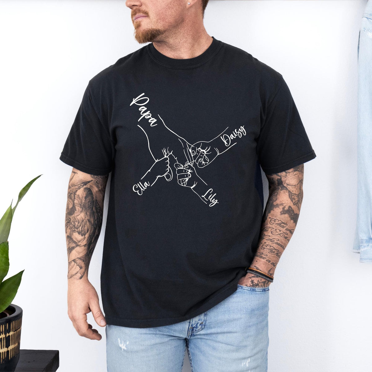 Comfort Colors Custom Dad Hand With Kid Names Tee, Holding Dad Fingers Shirt, Custom Kids Name Shirt, Fathers Day Gift, Gift For Papa